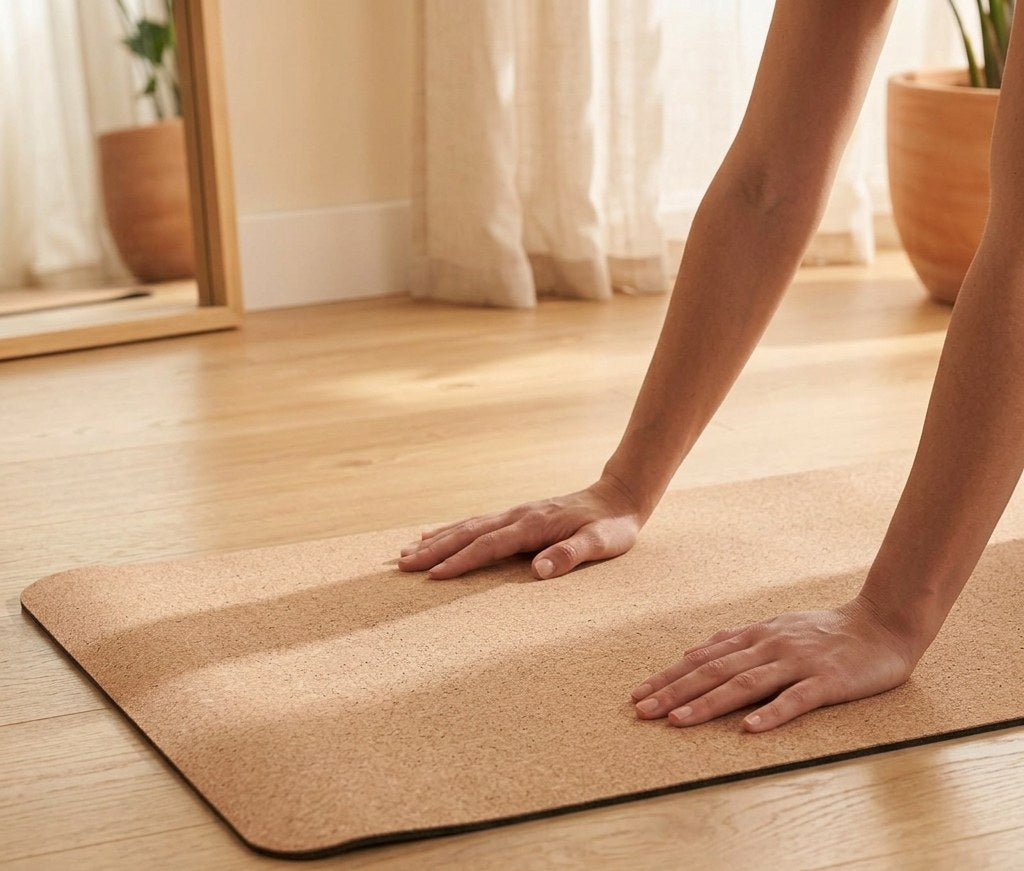 Hands on a natural cork yoga mat — how to clean and care for your yoga mat