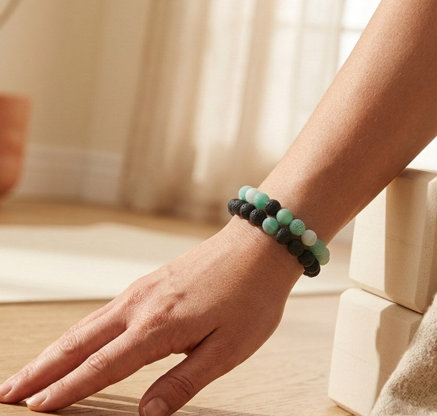 Calm yoga bead bracelet worn on the wrist during practice