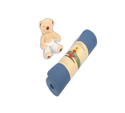 Rolled non-slip beginner yoga mat in soft blue