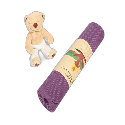Rolled violet beginner yoga mat with gift packaging