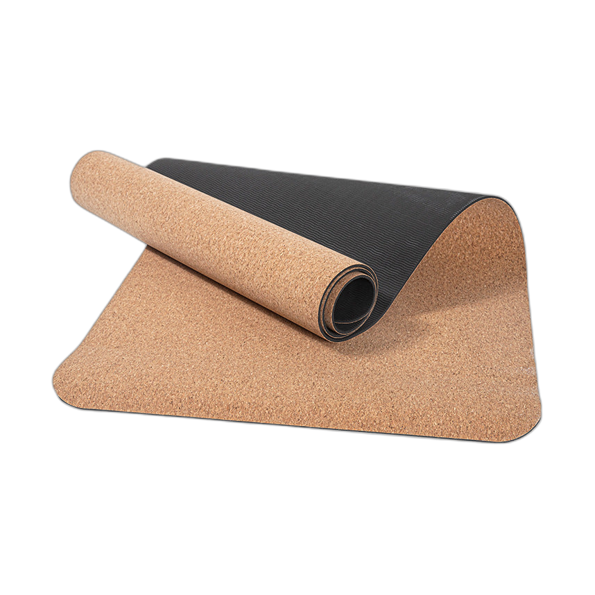 Eco-friendly cork yoga mat with dark TPE base, half rolled