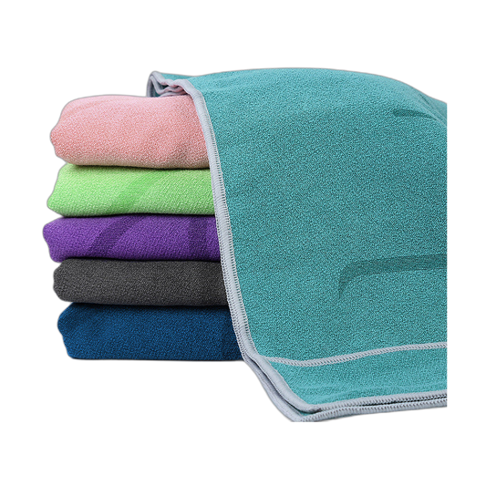 Stack of soft yoga towels in five rich colours