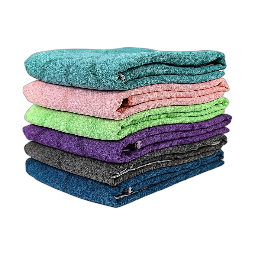 Stack of soft yoga towels in five colours
