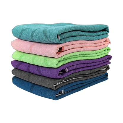 Stack of soft yoga towels in five colours