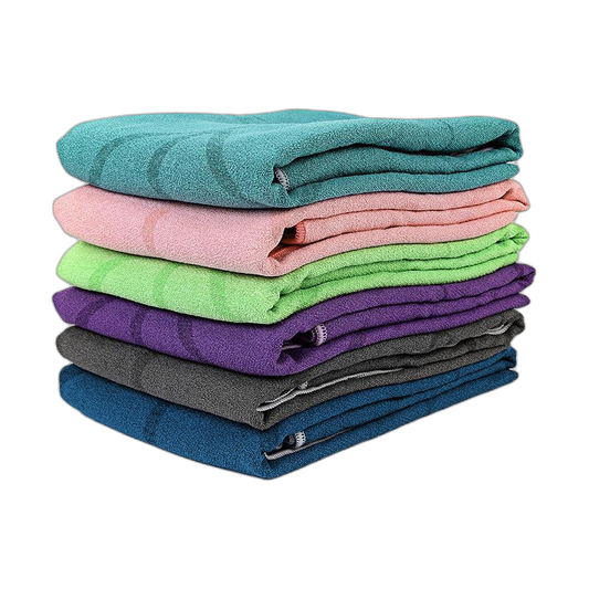 Stack of soft yoga towels in five colours